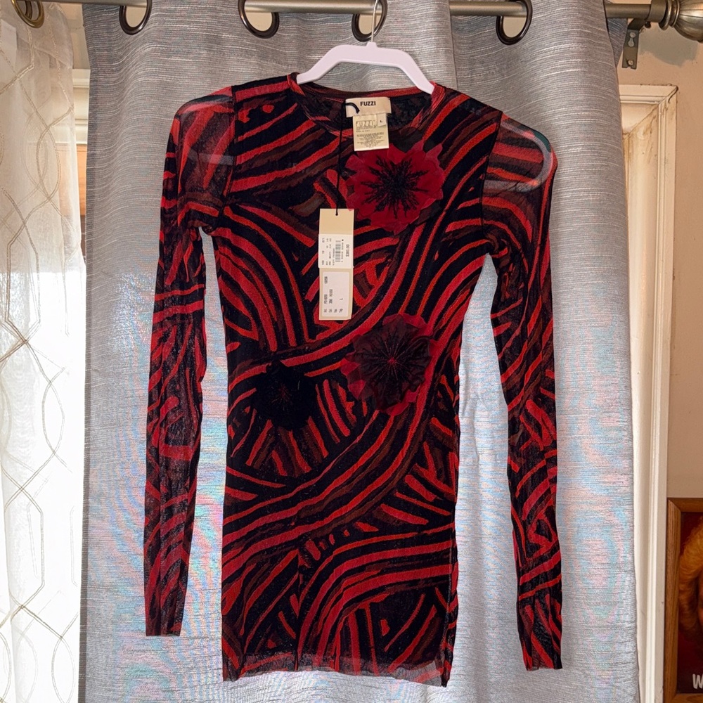 Fuzzi Red and Black Patterned Long Sleeve Top with flower detail